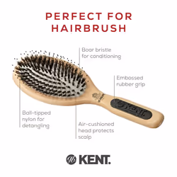 Kent PF01 Large Cushion Detangler Brush  Boar Bristle and Non-Scratch Nylon Mix Hairbrush for Straightening Smoothing. Oval Wood Paddle Detangling Hai
