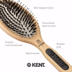 Kent PF01 Large Cushion Detangler Brush  Boar Bristle and Non-Scratch Nylon Mix Hairbrush for Straightening Smoothing. Oval Wood Paddle Detangling Hai