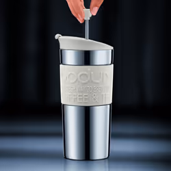 BODUM Travel French Press Coffee Maker Set, Stainless Steel with Extra Lid, Vacuum, 0.35 L/12 oz, Red