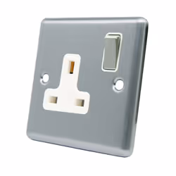 AET CSC1GSOCWS Satin Chrome Classical 1 Gang White Insert Metal Rocker Switch-13 Amp Single Plug Socket