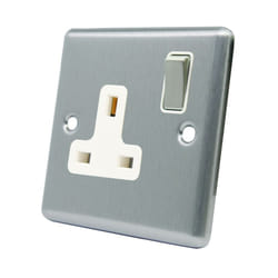AET CSC1GSOCWS Satin Chrome Classical 1 Gang White Insert Metal Rocker Switch-13 Amp Single Plug Socket