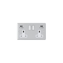 AET CPC2GUSBWH 2 Gang 13 A Double Plug Classical Chrome Polished Socket with USB Charging Ports and White Insert Plastic Rocker Switch