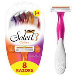 BIC Soleil Smooth Colors Womens Disposable Razors With Aloe Vera and Vitamin E Lubricating Strip for Enhanced Glide With 3 Blades 8 Count