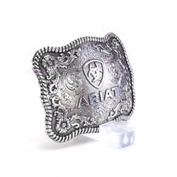 ARIAT Scalloped Logo Buckle with Twisted Rope Edge  Floral Scrolls  Filigree Detailing  3 """" x 2 """"