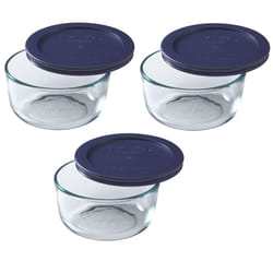 Pyrex 2 Cup Storage Round Container with Dark Blue Plastic Lids - Original Genuine Pyrex -Made in the USA - 3 Pack