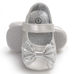 BABITINA Baby Girl Shoes Mary Jane Flats with Bowknot Non-Slip Toddler First Walkers Infant Dress Shoes(6-12 Months M US Infant A-Silver)