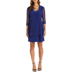 R&M Richards Womens Two-Piece Embellished Ruffled Dress with Jacket Bl