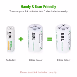 EBL AA to D Battery Converters, Pack of 4 AA to D Battery Adapters, Battery Spacer for AA Batteries