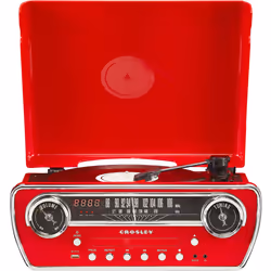 Crosley CR6047A-RE Powel 7-in-1 Bluetooth in/Out Vinyl Record Player with AM/FM Radio  CD Player  and Aux-in  Red