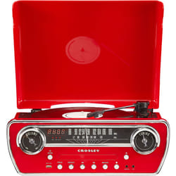 Crosley CR6047A-RE Powel 7-in-1 Bluetooth in/Out Vinyl Record Player with AM/FM Radio  CD Player  and Aux-in  Red