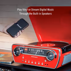 Crosley CR6047A-RE Powel 7-in-1 Bluetooth in/Out Vinyl Record Player with AM/FM Radio  CD Player  and Aux-in  Red