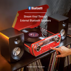 Crosley CR6047A-RE Powel 7-in-1 Bluetooth in/Out Vinyl Record Player with AM/FM Radio  CD Player  and Aux-in  Red