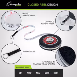 Champion Sports Closed Reel Measure Tape  100 ft  30 m - Sturdy Measuring Tapes with Hand Crank for Track and Field  Long Jump  Landscaping - Durable