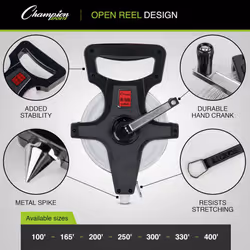 Champion Sports Open Reel Measure Tape  330 ft  100 Meters  with Metal Spike  Hand Crank - Open Tape Measure for Track and Field  Long Jump - Durable