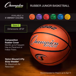 Champion Sports Rubber Junior Basketball  Heavy Duty - Pro-Style   Premium Basketball Equipment  Indoor Outdoor - Physical Education Supplies Size 5