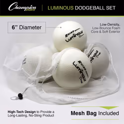 Champion Sports Premium Rhino Skin Dodgeballs with Mesh Storage Bag  Set of 6 - Glow in the Dark Playground Balls for Outdoor Games and Gym Class - Lo