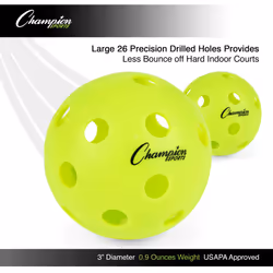 Champion Sports Indoor Pickleball Balls: USAPA Approved Official Size Tournament Pickleballs - Optic Yellow Pickleball Ball Set for Indoor Courts - 6