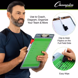 Champion Sports Dry Erase Clipboard for Coaching Football - Whiteboards for Strategizing  Techniques  Plays - 2-Sided Clipboards with Clip - Front Sid