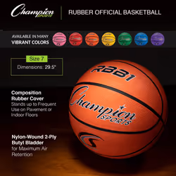 Champion Sports Rubber Official Basketball  Heavy Duty - Pro-Style Basketballs  and Sizes - Premium Basketball Equipment  Indoor Outdoor - Physical Ed