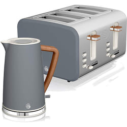 Swan Nordic Cotton White Kitchen Set with 1.7 Litre Kettle and 4 Slice Toaster, Wood Effect and Soft Touch Matt - Slate Grey, Kettle & 4 Slice Toaster