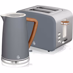 Swan Nordic Cotton White Kitchen Set with 1.7 Litre Kettle and 4 Slice Toaster, Wood Effect and Soft Touch Matt - Slate Grey, ...