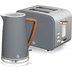 Swan Nordic Cotton White Kitchen Set with 1.7 Litre Kettle and 4 Slice Toaster, Wood Effect and Soft Touch Matt - Slate Grey, Kettle & 2 Slice Toaster