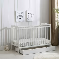 MCC BABY COT BED Brooklyn Baby Cot Crib with Water Repellent Mattress & Wheeled Drawer - White