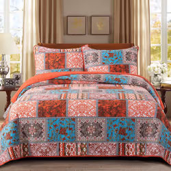 NEWLAKE Cotton Bedspread Quilt Sets-Reversible Patchwork Coverlet Set  Mediterranean Classic Bohemian Pattern King Size