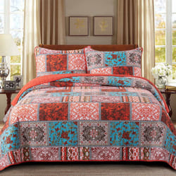 NEWLAKE Cotton Bedspread Quilt Sets-Reversible Patchwork Coverlet Set  Mediterranean Classic Bohemian Pattern King Size