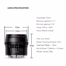 TTArtisan 50mm F1.2 APS-C Manual Focus Lens for Panasonic, Olympus Micro M4/3 Mirrorless Cameras