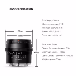 TTArtisan 50mm F1.2 APS-C Large Aperture Cameras Lens Manual Focus MF Compatible with Fuji X Mount Camera