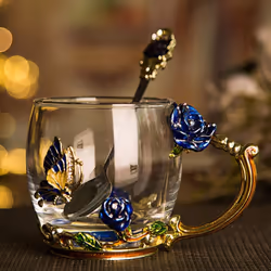 evecase Enamels free Glass Coffee Mugs Tea Cup with Steel Spoon Set