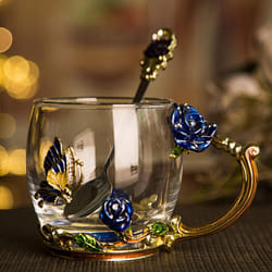 evecase Enamels free Glass Coffee Mugs Tea Cup with Steel Spoon Set