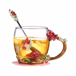 evecase Enamels free Glass Coffee Mugs Tea Cup with Steel Spoon Set