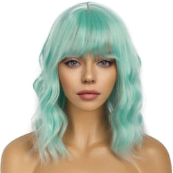 LANCAINI Short Bob Wigs with Bangs for Women Loose Wavy Wig Curly Wavy Shoulder Length Bob Synthetic Cosplay Wig for Girl Colorful Costume Wigs (Mint
