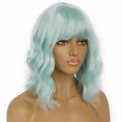 LANCAINI Short Bob Wigs with Bangs for Women Loose Wavy Wig Curly Wavy Shoulder Length Bob Synthetic Cosplay Wig for Girl Colorful Costume Wigs (Mint