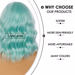 LANCAINI Short Bob Wigs with Bangs for Women Loose Wavy Wig Curly Wavy Shoulder Length Bob Synthetic Cosplay Wig for Girl Colorful Costume Wigs (Mint