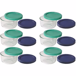 Pyrex Storage 1 Cup Round Dish  Clear with Green  Blue  Pack of 6  Lids