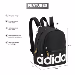 adidas Linear Mini Backpack Small Travel Bag  Black/White/Gold  10.5 inch x8.5 inch x5 inch