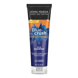 John Frieda Blue Crush for Brunettes Blue Shampoo  8.3 Fl Ounces  Neutralizes Brassy Tones  Toning Shampoo for Color Treated and Natural Brunette Hair