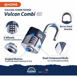 Squire Heavy Duty Padlock (Vulcan Combi 60) - Toughest Open Shackle - 5 Wheel Vulcan Padlock - Steel Cast Alloy for Corrosion Resistance -