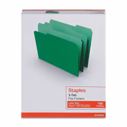 Staples 224543 Colored Top-Tab File Folders 3 Tab Green Letter Size 100/Pack