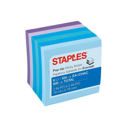 Staples Stickies 3"""" x 3"""" Assorted Watercolor Pop-Up Notes  6/Pack of 100= 600 Notes Pads