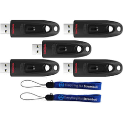 SanDisk 32GB (Five Pack) USB 3.0 Flash Ultra Memory Drive CZ48 - Bundle with (2) Everything But Stromboli Lanyard