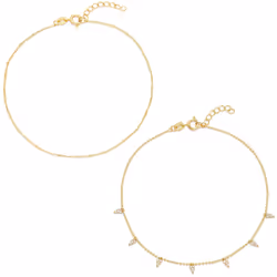 Amazon Essentials 14K Gold Plated Diamond Cut Twisted Chain and Pave Stations Anklet Set 9"""" + 1"""" Extender