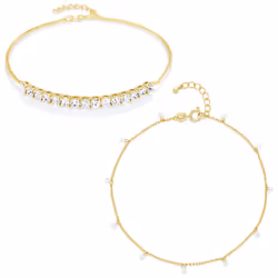 Amazon Essentials 14K Gold Plated Cubic Zirconia Tennis and Stations Anklet Set 9"""" + 1"""" Extender