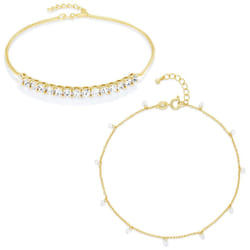 Amazon Essentials 14K Gold Plated Cubic Zirconia Tennis and Stations Anklet Set 9"""" + 1"""" Extender