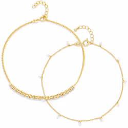 Amazon Essentials 14K Gold Plated Cubic Zirconia Tennis and Stations Anklet Set 9"""" + 1"""" Extender