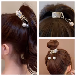 Textention Small Hair Claw Clips for High Ponytail  2 Pieces Rhinestone Shark Hair Clips with Nonslip Mini Pearl Hair Clamps  Hair Clips Hairpins Hair