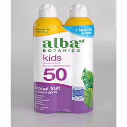 Alba Botanica Kids Sunscreen Spray for Face and Body Tropical Fruit Broad Spectrum SPF 50 Water Resistant 5 fl. oz. Bottl ...
